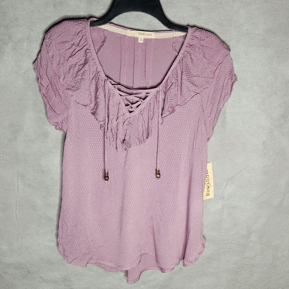Rewind Juniors' Ruffle Lace Up V-Neckline Top Stylish Delicate Ruffle Detailing